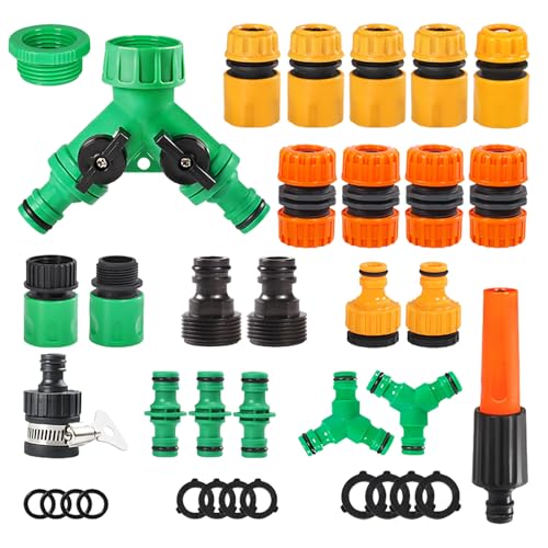 Lvjkes 36 Piezas Conector manguera, Accesorios manguera jardin Kit 1/2'', Con distribuidor 2 vias grifo jardin, Sistemas de riego para balcones y jardines