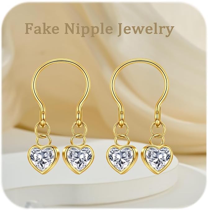 QWALIT Gold Fake Nipple Rings Adjustable non Piercing Nipple Jewelry Heart Shaped Rhinestone Dainty Cute Trendy Fake Piercing Body Jewelry for Women Men Comfortable Valentine's Day