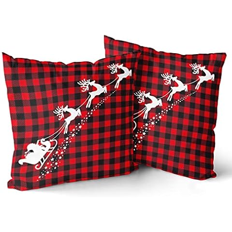 Granbey Christmas Deer Throw Pillow Covers 18x18 Inch Santa Claus and Elk Pillow Cases Standard Size Christmas Party Red Grid Square Pillowcase for Sofa Home Decor at Bedroom Outdoor Cover