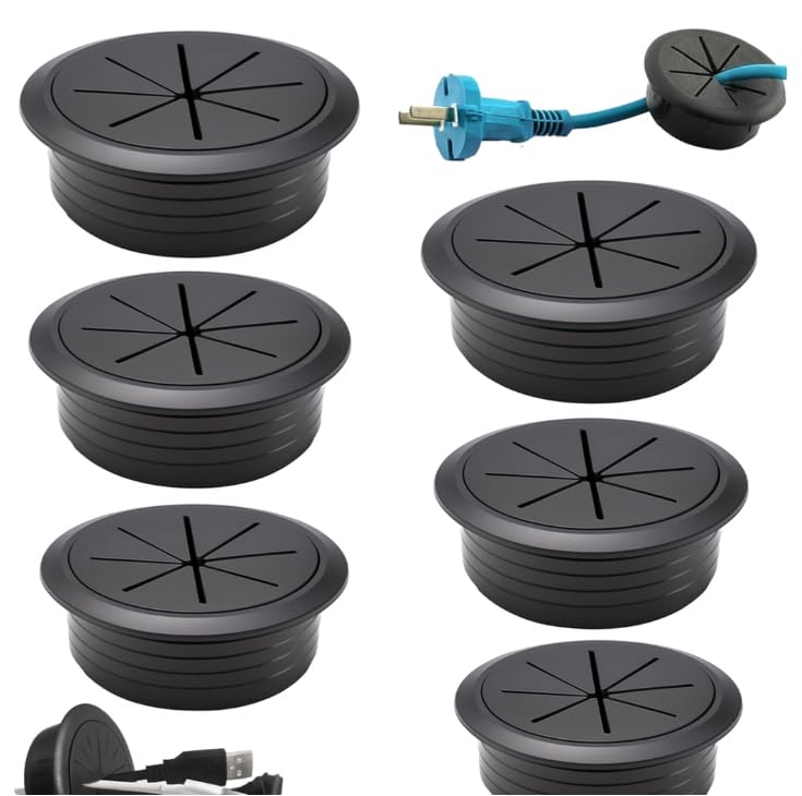 6 Piezas Pasacables Escritorio, Tapa Redonda 50mm Negra con Anillo de Goma y Rosca Negro Pasacables Redondos Empotrables Gestión de Cables para Mesa Oficina Ordenador Hogar