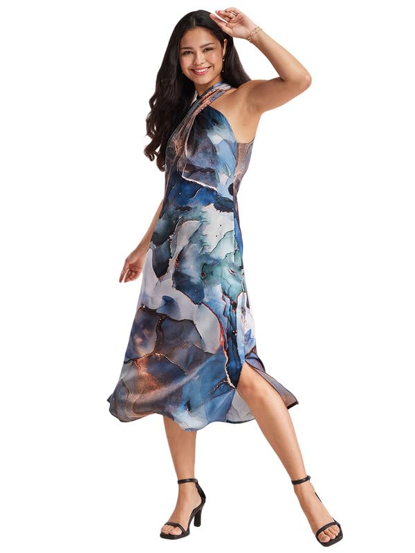 fablestreet Women's Satin Marble Print Dress - Blue-picture-17