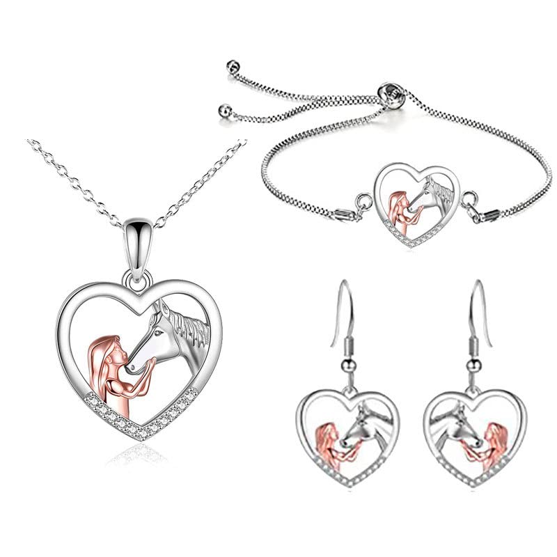 Konxi Collier fille et cheval, bijoux de cheval collier boucles d'oreilles ensemble cadeaux pour femmeBijoux Cadeau de Anniversaire Noël Saint Valentin pour Femmes et Filles(3 pcs)