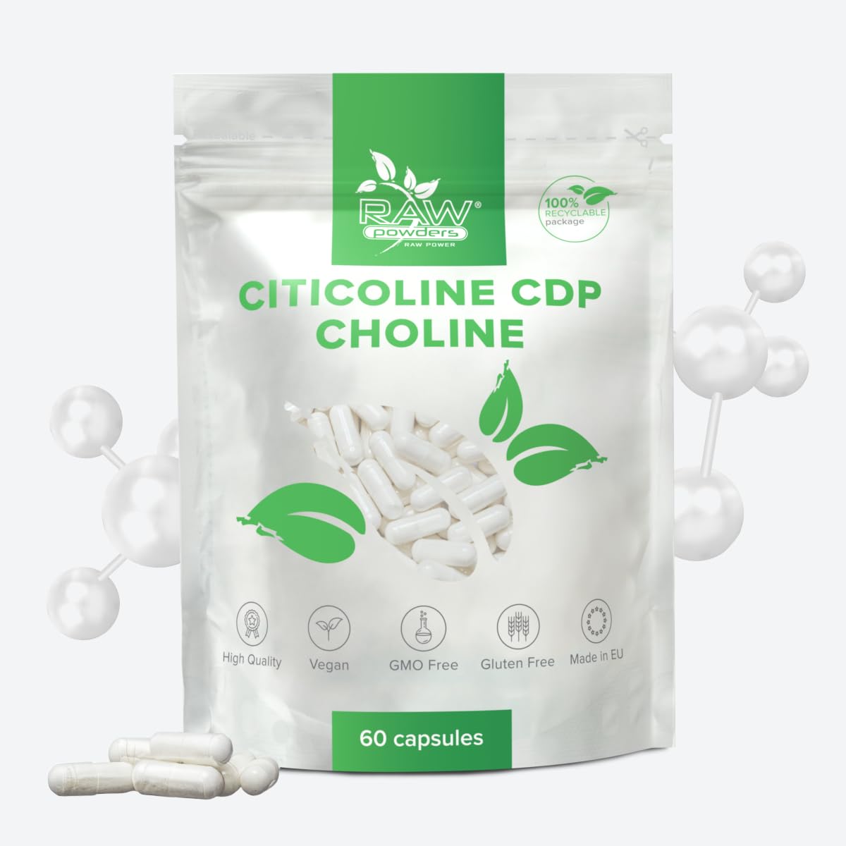 Citicolina CDP Colina 250 mg - 60 Cápsulas | Soporta Concentración, Memoria y Energía Mental | Vegano, Libre de OGM | Producido en fábricas certificadas ISO de la UE | Raw Powders