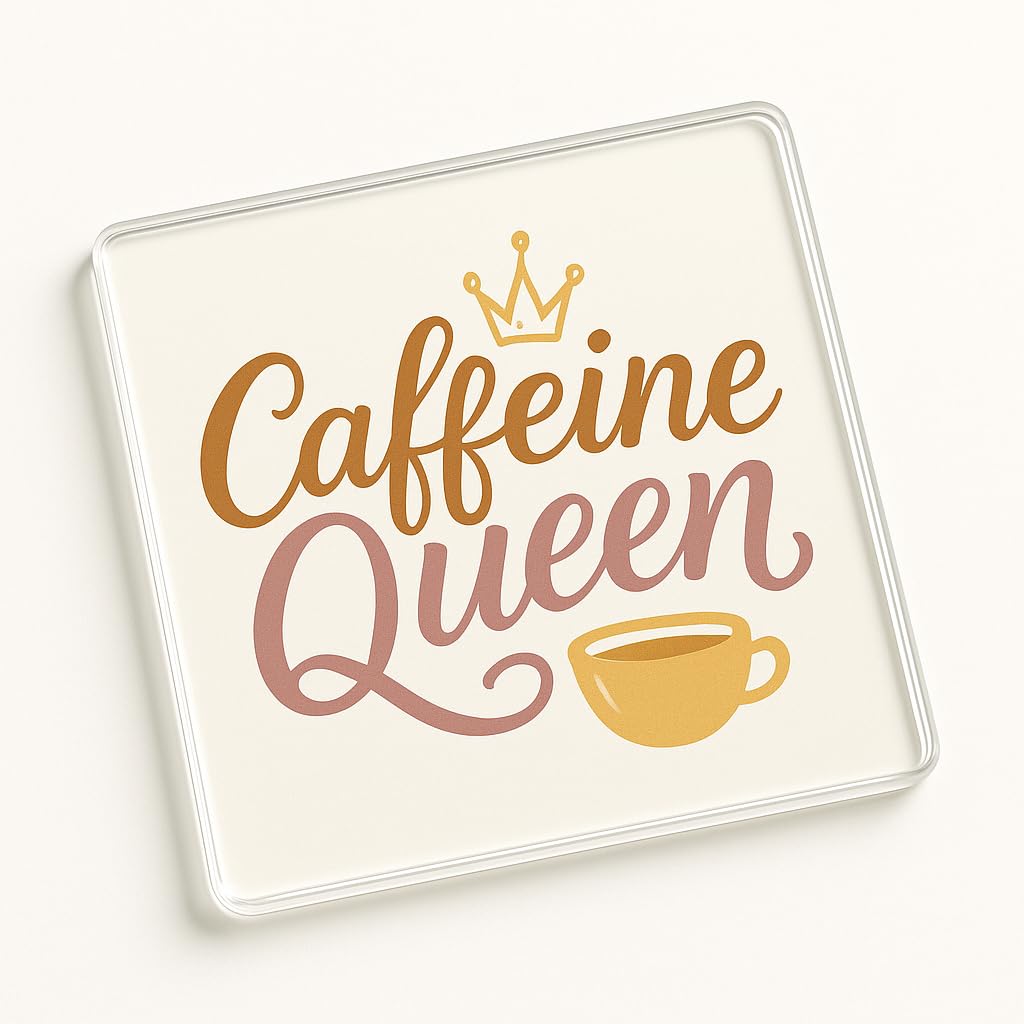 Acrylic Coaster Gift with Caffeine Queen Script - Whimsical Crown Design Home Decor for Millennial & Gen Z Caffeine Lovers