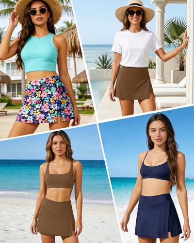 Image of High Waisted Split Swim Skirt Built-in Shorts Tummy Control Swim Bottom | Wide Flattening Band, Versatile Top Pairing, Full rear modesty via long hem
