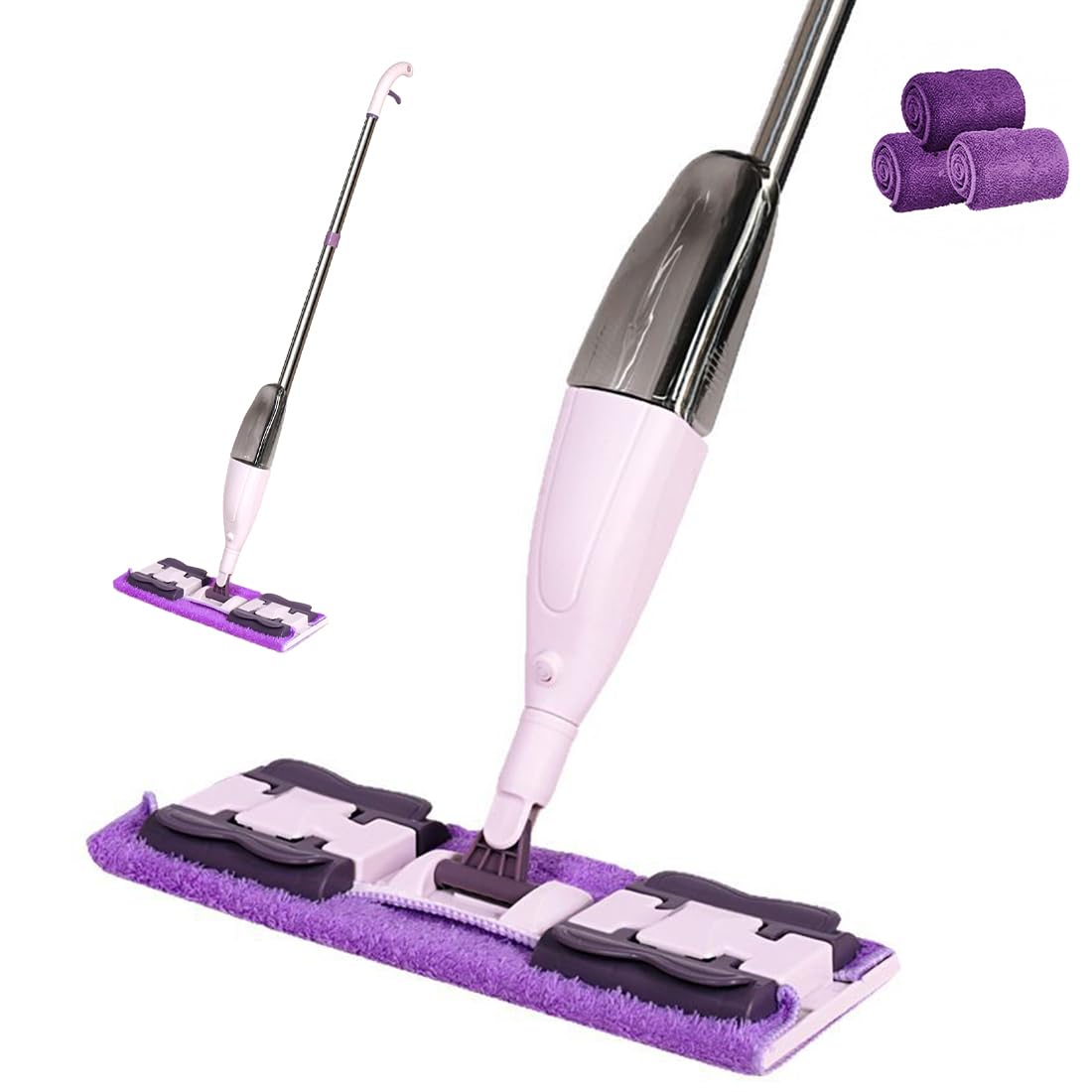 AMINAC Spray Mop for Floor Cleaning with Dual-Tooth Serrated Pad Lock, 300ml Refillable Bottle, Floor Mop with 3 Washable Microfiber Pads, Wet & Dry Dust, Purple