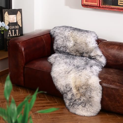 Premium Genuine Fur Sheepskin Rug Real Australia Sheepskin Natural Luxury Fluffy Lambskin Fur Area Rug Seat Covers for Kids Bedroom Sofa Chair Cover (Gray Tip, Double Pelt/2ft x 5.2ft)