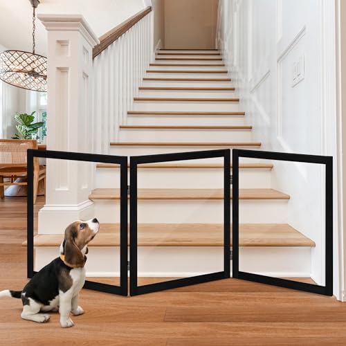 LZRS Clear Dog Gate for Indoor Use - Transparent Pet Fence with Solid Hardwood and Plastic Board, Stylish & Durable freestanding Pet Gate for Doorways, Stairs and Hallways-3 Panel Black