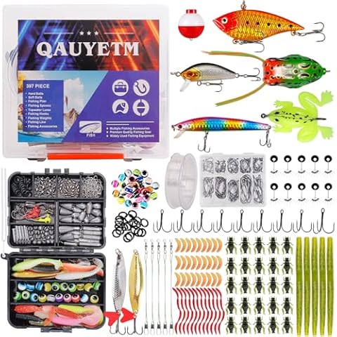 397 Pcs Fishing Lures Kit with 2 Pcs Tackle Box Include Fishing Hooks Crankbaits Spoon Worm Tackle and Other Fishing Bait Accessories for Bass Trout Freshwater Saltwater, Men's Fishing Gear Gift Cover