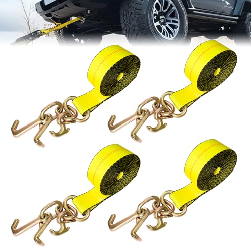 4PCs 2' x8' Recovery Winch Strap w/RTJ Cluster Hook, 10000LBS Tow Truck Car Wrecker Winch Tie Down Straps, Heavy Duty Autohauler Car Tie Down Straps