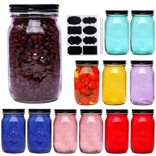 Qappda 32 Oz Glass Jars With Lids Set Of 12,Colorful Wide Mouth 1000Ml Glass Mason Jar With Airtight Lid,Durable Glass Food Storage Canning Jars For Diy Crafts,Dry Food,Jams,Preserving #TOP18