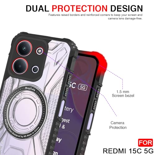 Image of AESTMO Hybrid Shockproof Back Cover Case for Redmi 15C 5G Compatible with MagSafe | Hard Back Case Cover for Redmi 15C 5G (PC & TPU, Translucent Back, Black Sides)