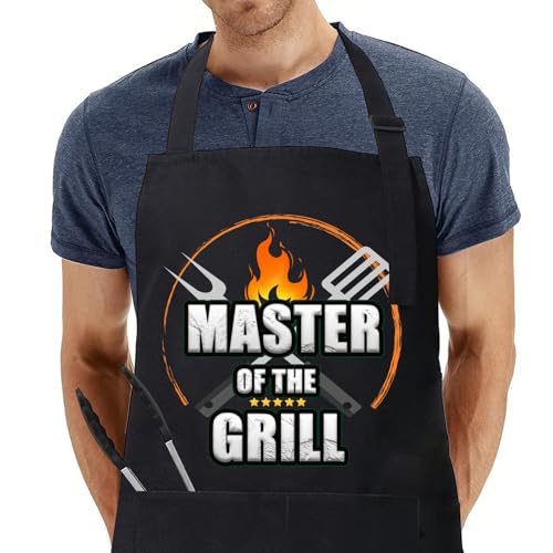 umboom Originales Delantal de Cocina para Hombres y Mujeres, Personalizado Regalo para Papá, Novio, Esposo, Hijo, Madre (DAD MASTER OF THE GRILL - Negros)