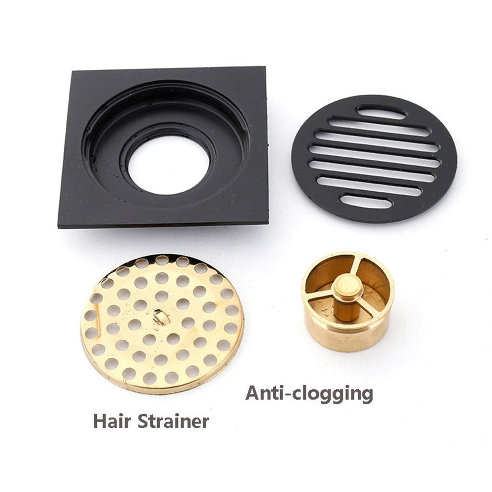 Siphon de Sol de Douche carré en Laiton de 10 cm, Couvercle Amovible, égouttoir de Salle de Bain avec Filtre à Cheveux pour Cuisine, Salle de Bain, Garage, sous-Sol, Noir (Noir A)