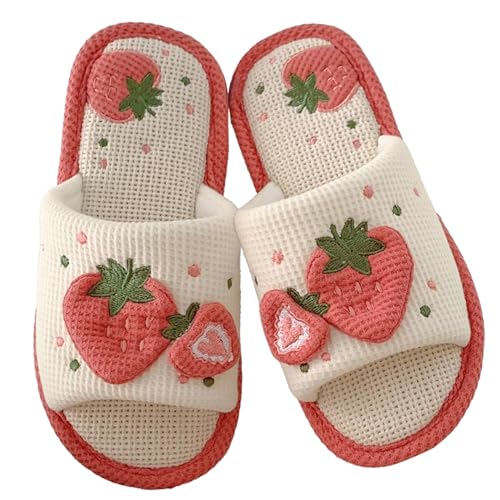 Strawberry Slippers Kawaii Indoor All-season Non-Slip Slides for Women Girl Linen Strawberry Stuff Cotton Shoes Home Gift