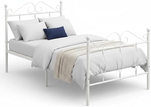 FurnitureR Platform Metal Bed Frame with Headboard/Footboard/Steel Slats, Modern White Mattress Foundation with Storage, No Box Spring Needed Double Bed, Easy Assembly, Single