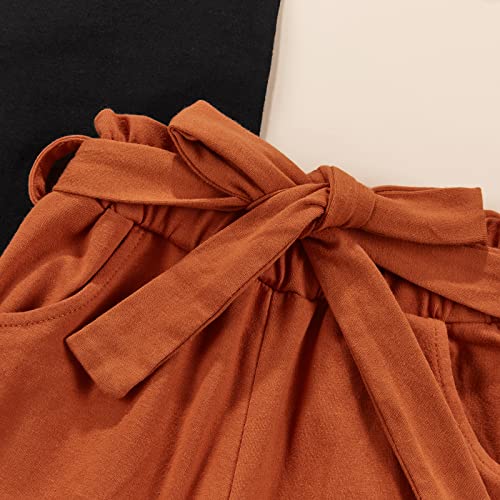 2Pcs Toddler Baby Girl Sleeveless Cold Shoulder Vest Shirt Top + Cargo Pants With Waistband Clothing Tracksuit Sets (Black Brown, 5-6 Years) #TOP3