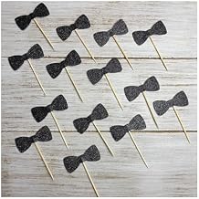 Black Glitter Bowtie Cupcake Toppers Food Picks Birthday Party Supplies Tuxedo Wedding Toppers Set of 24
