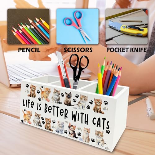 Image of Cat Pen Pencil Holder Organizer for Desk, Cat Lovers Mom Lady Gifts for Women, Life Is Better with Cats Wooden Box Signs Decorations for Home Office Desk Tabletop, Gifts for Pet Lovers