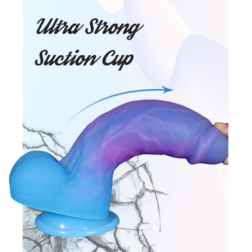 8 Inch Realistic Thick Silicone Dildo Adult Sex Toy for Women,Colorful Flexible G-spot or Anal Stimulator with Suction Cup for Hands-Free Play,1.85'' Diameter Bent Shaft Big Lifelike Penis with Balls: Blue