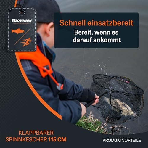 Robinson Angel Kescher gummiert - Einhändig klappbar, Raubfischkescher ideal zum Spinnfischen, Waten und Bootsangeln - 115 cm, Korb 52×45 cm - Netztiefe 45 cm - 10 mm Masche - schnell trocknend