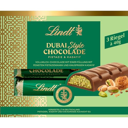 Lindt Dubai Style Riegel Multipack | 3x40g Riegel | Feinste Vollmilch-Schocolade mit feinster Pistazienmark Pistazien- und Mandelkrokant und knuspriger Kadayif Füllung | Schokoladengeschenk