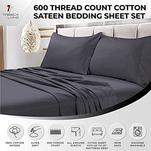 Image of Tribeca Living Queen Egyptian Cotton Sateen Sheet Set, | 600 Thread Count, 100% Egyptian Cotton, Soft Sateen Weave, Deep Pocket, 6-Piece Set, Machine Washable