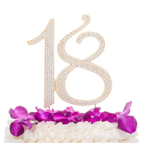 Ella Celebration 18 Cake Topper for 18th Birthday Party Gold Crystal Rhinestone Decoration (Gold)