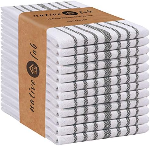 Native Fab 12 Pack Scandia Stripe Kitchen Dish Towels Cotton Absorbent Durable Washable 14x25 - Tea Towels, Dish Cloths, Restaurant Cleaning Towels, Kitchen Towels with Hanging Loop, Grey White