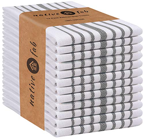 Native Fab 12 Pack Scandia Stripe Kitchen Dish Towels Cotton Absorbent Durable Washable 14X25 - Tea Towels, Dish Cloths, Restaurant Cleaning Towels, Kitchen Towels With Hanging Loop, Grey White #TOP12