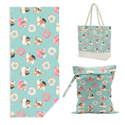Beach Bags for Women, Beach Towel, Wet Bag Cosmetic Bag, Pool Waterproof Shoulder Tote Bags Pocket Zipper Summer Travel Essentials, Gifts for Women Birthday Friendship Gifts Lightweight 3-Piece Set