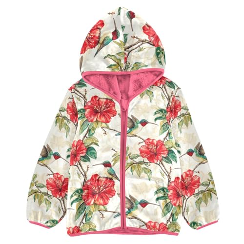 Hummingbird Red Flower Girls Fleece Jacket Girls Fall Jacket Girl Coats Zip Up Hoodie Children Sherpa Warm Outerwear 2-10T