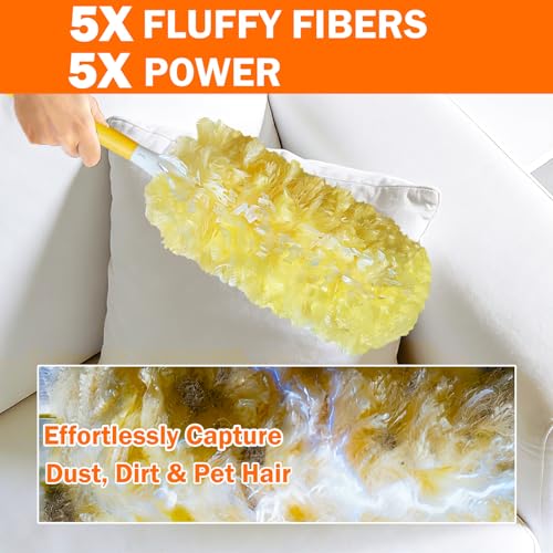 Image of 60 Heavy Duty Duster Refills for Swiffer Duster, Large, Yellow | 2 Side Extra Thick, 3 ft Handle & 1 Short Handle, Multisurface 360 Dusters kit for Dusting Furniture, Fans, Blinds, Corners
