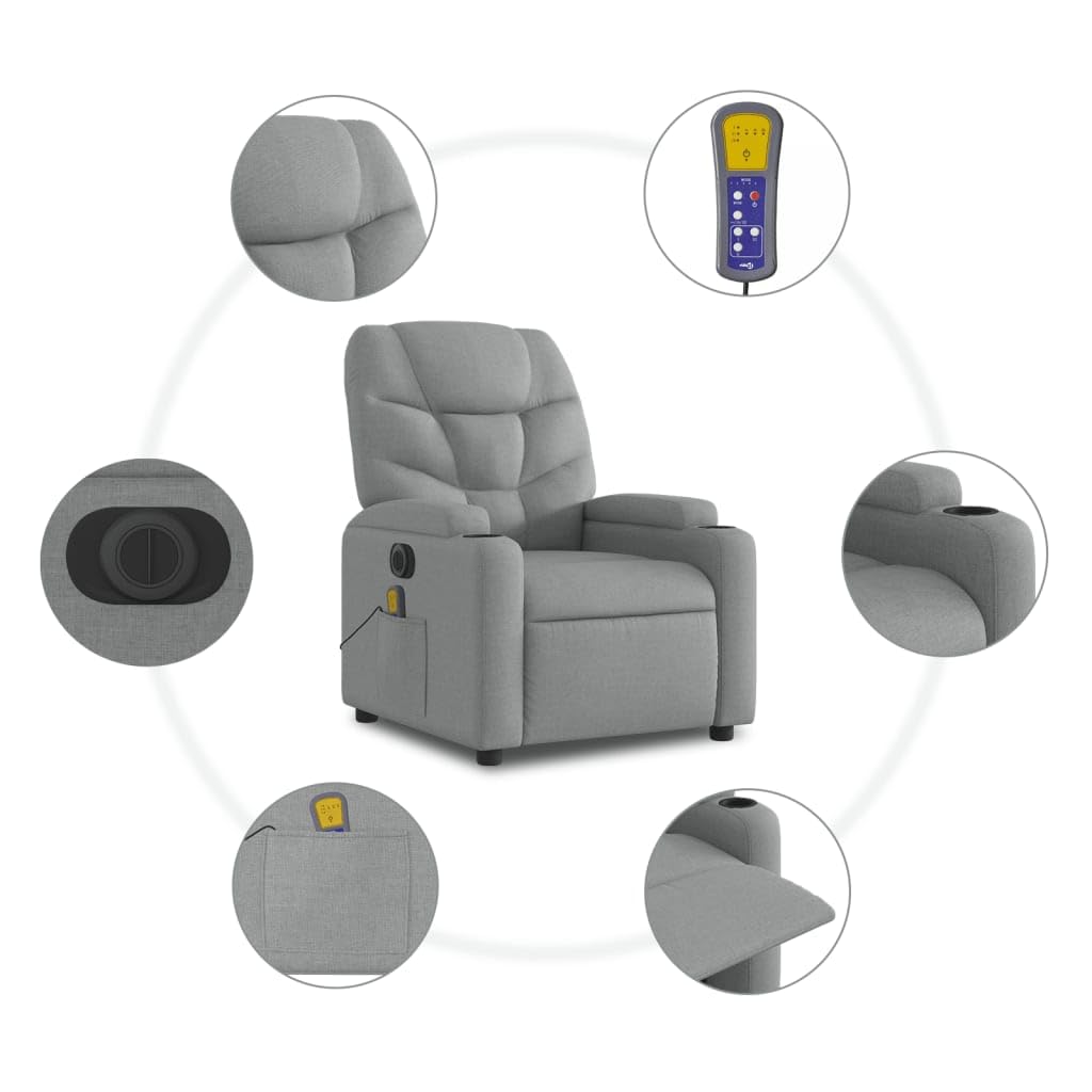 Sillón elevador eléctrico con masaje de 6 puntos y reclinación automática, gris claro de tela, función elevación y vibración, estructura estable de madera