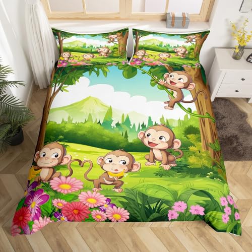 Erosebridal Kids Bedding Girls Boys Cute Cartoon Monkey Printed Comforter Cover for Children Teens Animal Duvet Cover Plants Floral Decor Bedspread Natural Rustic Theme Quilt Cover, Twin