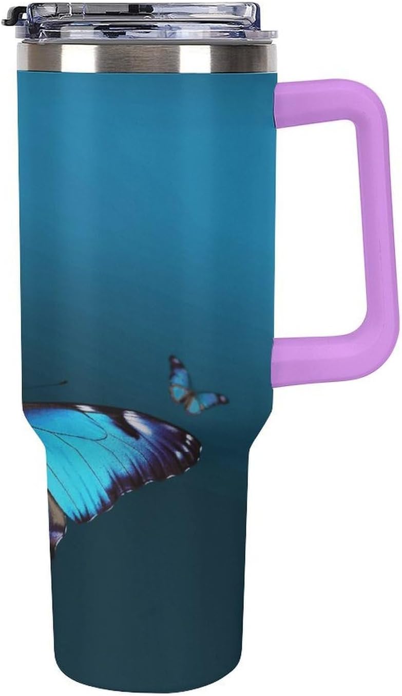 Beautiful Blue Butterfly Tumbler Stainless Steel Large Car Cup with Handle&Straw Lid Portable Coffee Cup Leak-proof Water Bottle Insulated Vacuum Travel Mug for Home Outdoor 40oz