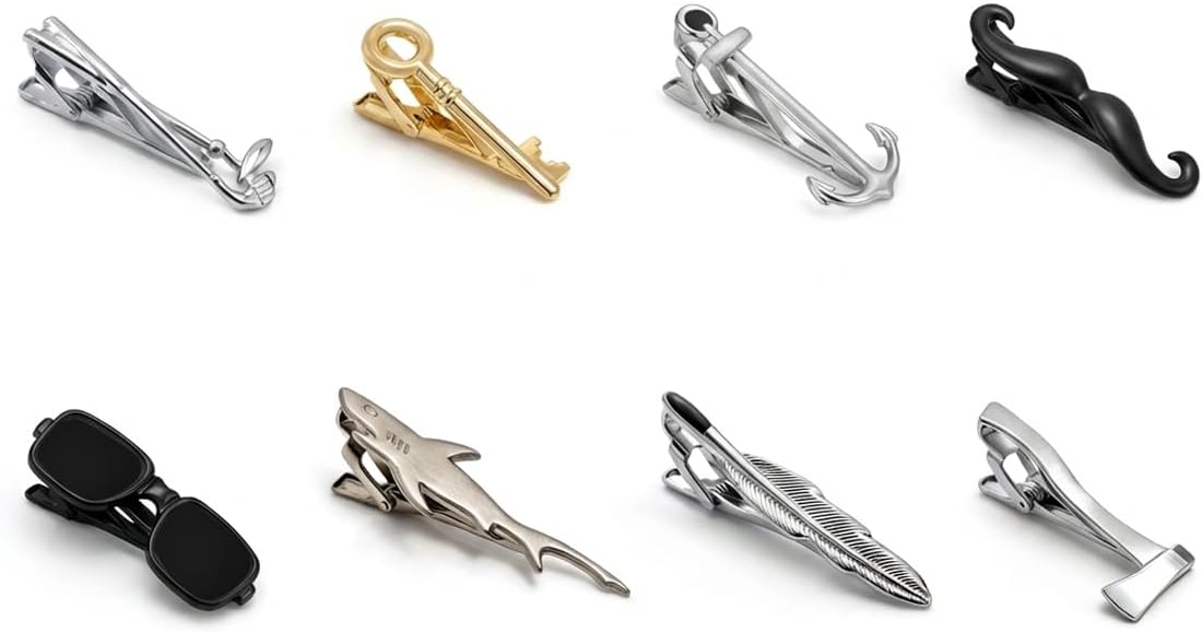 8PCS Modeling Tie Clips for Men，Tie Clips 4 Color Silver Gold Black Grey Tie Clip.The Tie Bar Suitable for Birthday Parties, Weddings, and Business Gifts. Tie Pin Clip Gift Set for Working