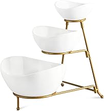 YHOSSEUN 3 Tier Serving Stand Oval Serving Bowl with Metal Rack, Tied Serving Bowls Food Display Dessert Appetizer, Chip and Dip Serving Bowl Set for Parties, Gold-45oz / 17.5oz / 7oz