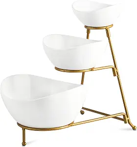 3 Tier Serving Stand Oval Serving Bowl with Metal Rack, Tied Serving Bowls Food Display Dessert Appetizer, Serving Bowl Fruit Chip Dip Bowl Set for Parties, Gold