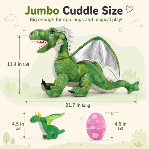 Image of 7Pcs Giant Green Dragon Plush Toy Set, 21.7 inch Big Mother Dragon Stuffed Animal with 4 Babies & 2 Eggs, Stuffed Dinosaurs for Kids Boys Girls, Cute Soft Plushies Gift for Birthday Christmas