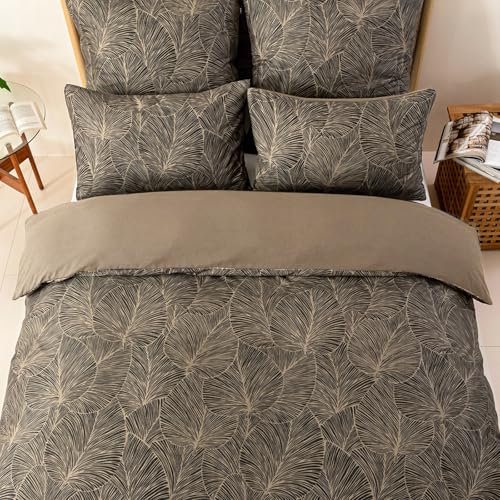 Image of Lekesky Queen Size Duvet Cover Set, Reversible Queen Comforter Cover with Tropical Leaves Pattern, Soft 100% Washed Microfiber 3 Pieces Khaki Bedding Set with Zipper and 2 Pillowcases