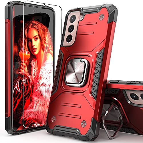 IDYStar Galaxy S21 5G Case with 1 HD Screen Protector, Hybrid Drop Test Cover with Card Mount Kickstand Slim Fit Protective Durable Case for Samsung Galaxy S21 5G 6.2 Inch, Red