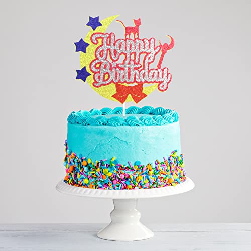 Moon Cat Happy Birthday Cake Topper - Moon Girls Sailor Birthday Party Glitter Cute Cat Cake Supplies - Pink Girl Happy Birthday Party Decoration #TOP2