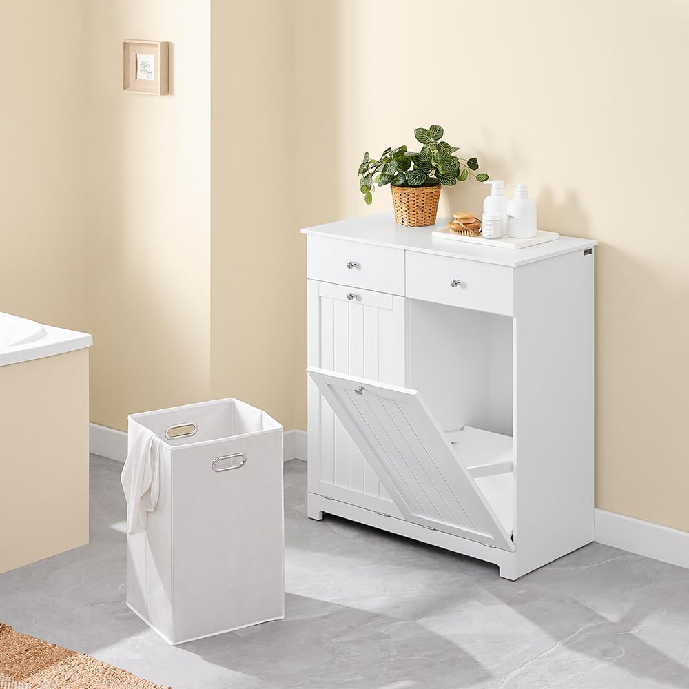 SoBuy Mobile Lavanderia in Legno Mobile Bagno con Portabiancheria a 2 Cassetti e 2 Ceste Bucato Rimovibili 90L Cassettiera Robusta Armadietto Salvaspazio per Famiglia Bianco 78x38x90 cm BZR33-II-W