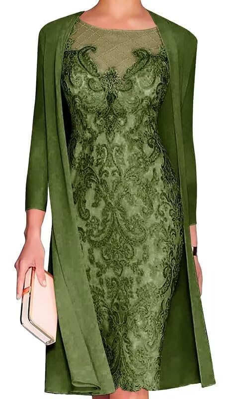 2 Pieces Mother of The Bride Dresses for Wedding with Jacket Tea Length Lace Applique Wedding Guest Dresses for Women