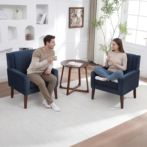 Image of Accent Chairs for Living Room, Mid-Century Reading Chair with Wood Legs, Upholstered Comfy Living Room Chair for Bedroom, Apartment, Waiting Room, Blue
