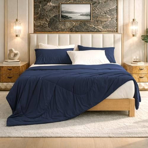 Image of Cozy Bliss Cooling Comforter King Size, Cooling Blankets for Hot Sleepers and Night Sweats, Dark Blue Summer Comforter for King Size Bed, Breathable Soft Lightweight Silk Smooth