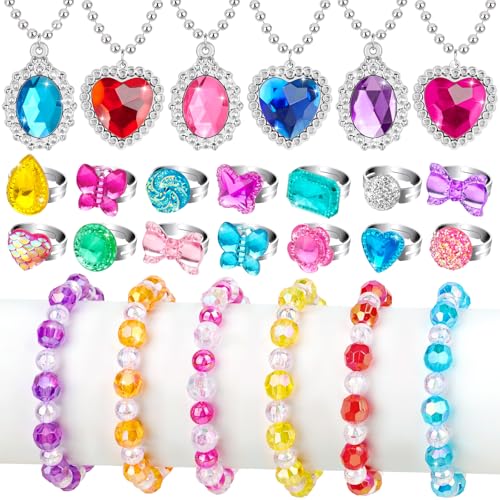 Hooqict Princess Dress Up Kids Jewelry for Girls 4-6 Bracelets Necklaces Rings Set Toddler Play Jewelry for Costume Princess Party Favors for 3 4 5 6 7 8 Year Old Birthday Gifts