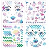 Qpout 8 Feuilles Sirène Tatouages Temporaires, Stickers Tatouage Faux Maquillage de Costume Écailles de Sirène Poisson Sous la Mer pour Carnaval Océan Cosplay Fête d'Anniversaire
