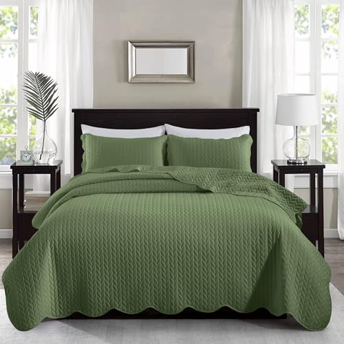 MOONLIGHT20015 Quilts Queen Size Bedspread Coverlet Olive Green Bedding Set